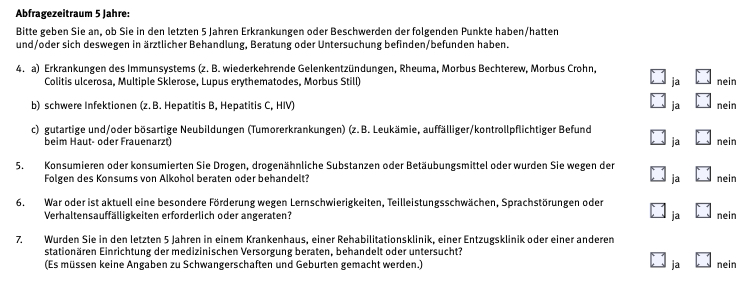 Basler Vereinfachte Gesundheitsprüfung für junge Leute - Frage 3