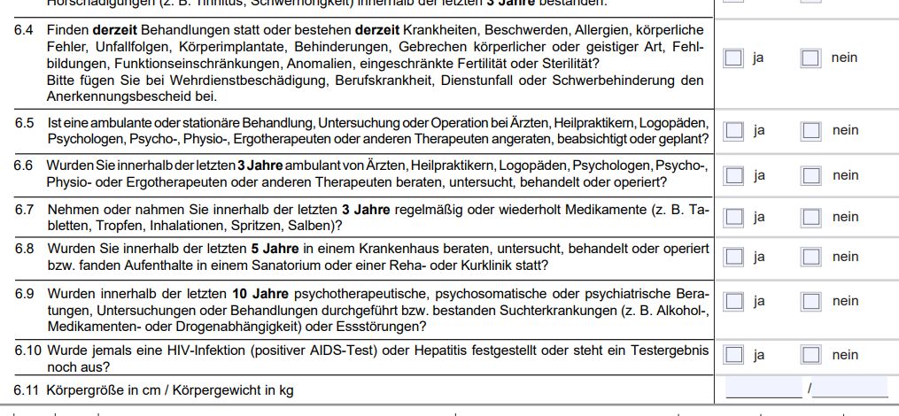 Heilpraktikerversicherung Gesundheitsfragen